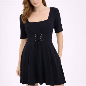 Anthropologie Maeve Navy Blue Juliet Corset Short Sleeve Knee Length Dress